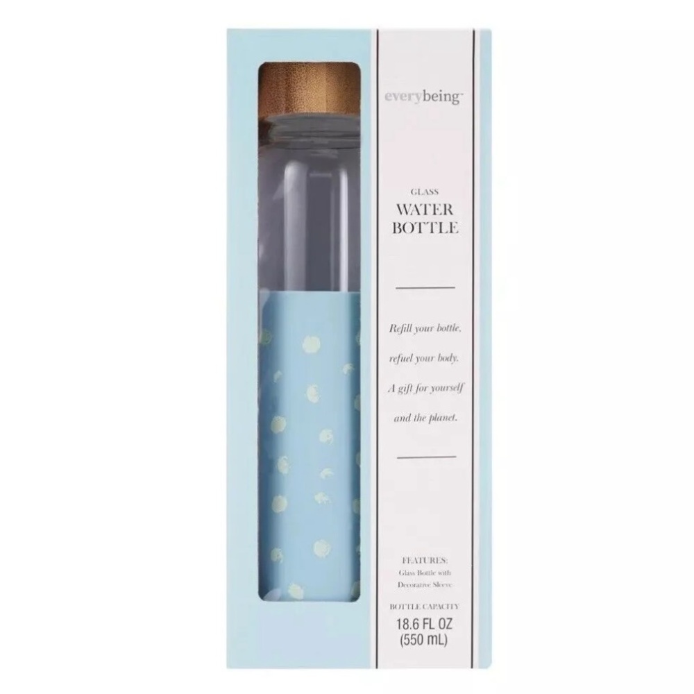 NEW Everybeing Glass Water Bottle with Blue Silicone Sleeve 18.6 oz